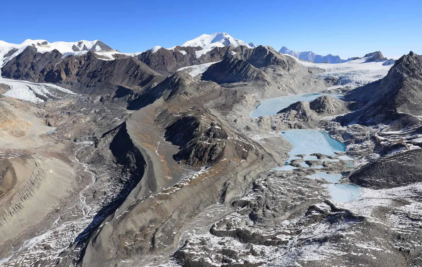 Aerial view of the Kangto glacier and snow peaks of Western Arunachal